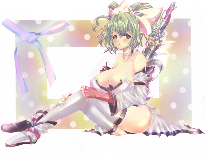 :o amatsuba_mimina aqua_eyes bad_id bad_pixiv_id bare_shoulders black_panties blush breasts cleavage cosplay detached_sleeves green_hair hair_ornament hair_ribbon huge_breasts legs mihiro_ardygun nanbu_kaguya nanbu_kaguya_(cosplay) older panties ribbon shiny shiny_skin shoes sitting solo super_robot_wars sword thighhighs underwear weapon white_legwear