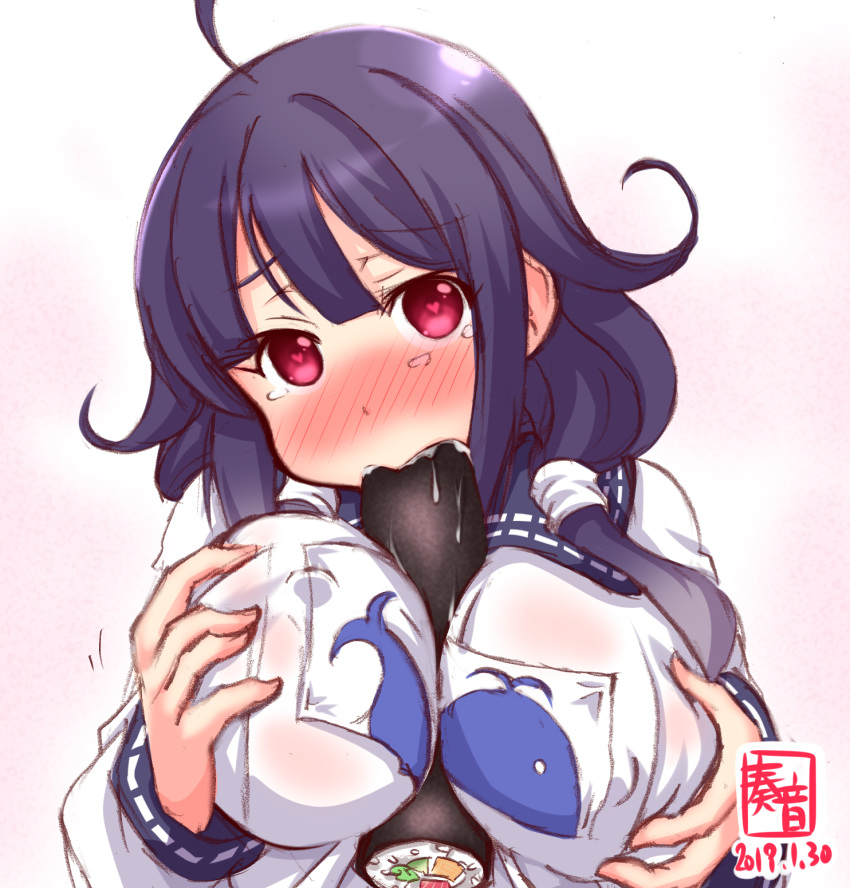 1girl ahoge artist_logo blush breasts dated eating ehoumaki erect_nipples eyebrows_visible_through_hair food hair_flaps heart heart-shaped_pupils highres kanon_(kurogane_knights) kantai_collection large_breasts long_hair low_twintails makizushi purple_hair red_eyes saliva self_fondle sexually_suggestive solo sushi symbol-shaped_pupils taigei_(kantai_collection) tears twintails upper_body whale