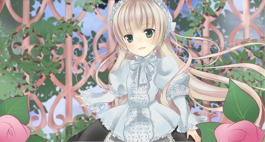 bad_id bad_pixiv_id blonde_hair dress flower frills gosick green_eyes hairband highres lolita_fashion long_hair long_sleeves looking_at_viewer parted_lips plant puffy_sleeves solo standing tooda_riko very_long_hair victorica_de_blois