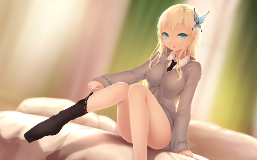 blonde_hair blue_eyes boku_wa_tomodachi_ga_sukunai bottomless breasts butterfly_hair_ornament cait hair_ornament highres impossible_clothes impossible_sweater kashiwazaki_sena large_breasts long_hair necktie on_bed pillow school_uniform sitting sock_pull socks solo st._chronica_academy_uniform sweater