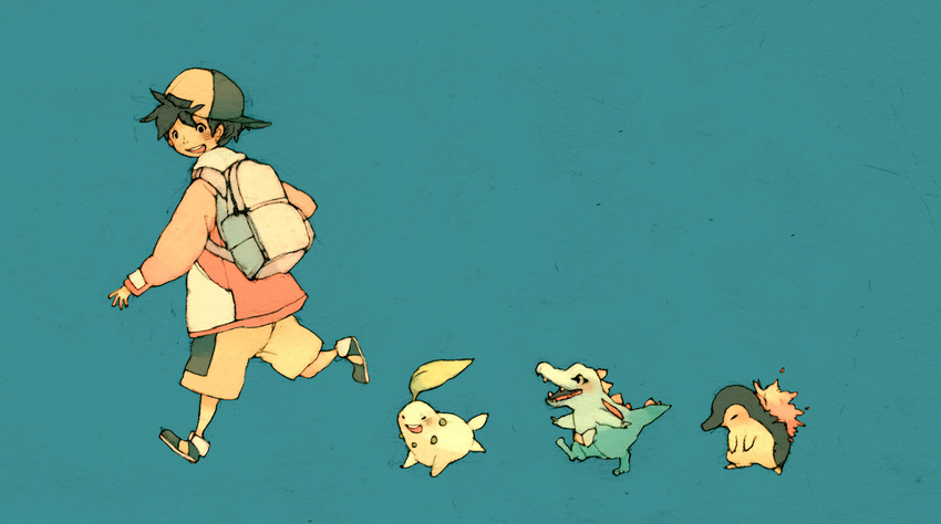 backpack backwards_hat bad_id bad_pixiv_id bag baseball_cap blue_background chikorita cyndaquil gen_2_pokemon gold_(pokemon) hat highres luce-in-the-sky open_mouth pokemon pokemon_(creature) pokemon_(game) pokemon_gsc totodile walking