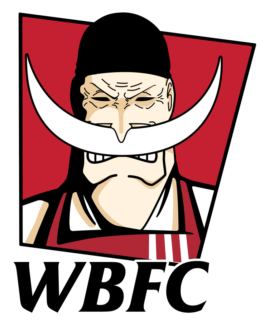 1boy absurdres apron edward_newgate facial_hair frown highres kfc logo male male_focus manly mustache one_piece parody rotenburk scar solo whitebeard