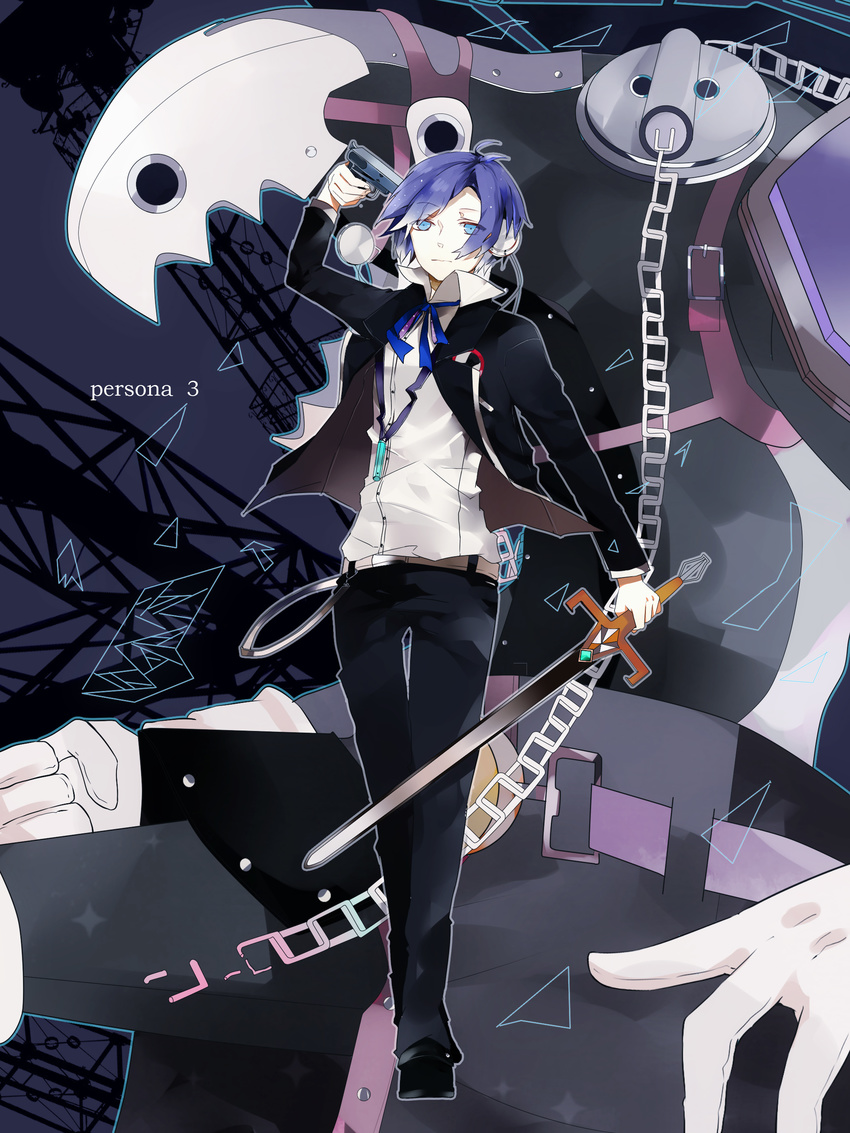 absurdres bad_id bad_pixiv_id blue_eyes blue_hair chain digital_media_player evoker gun gun_to_head headphones highres holding holding_gun holding_weapon male_focus persona persona_3 school_uniform solo sword thanatos weapon yuuki_makoto