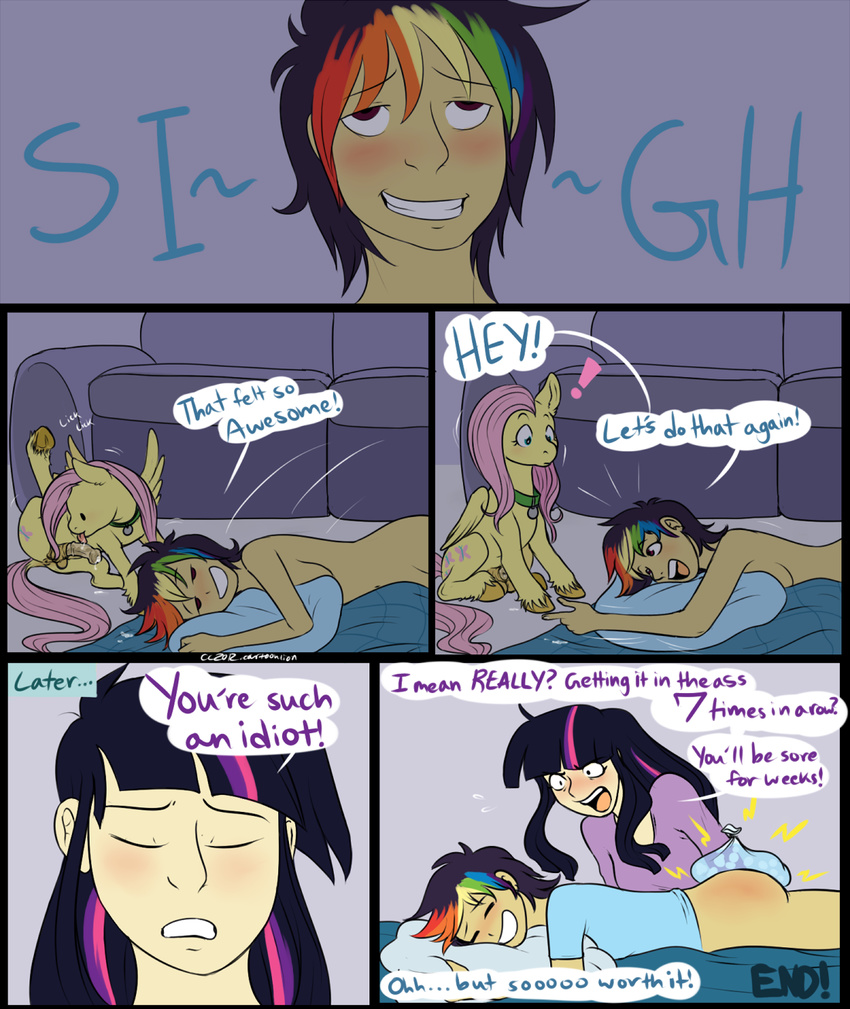 after_sex anal bestiality blush butt butthurt cartoonlion collar comic cum cutie_mark dialog dickgirl english_text equine female feral flaccid fluttershy_(mlp) friendship_is_magic horse human humanized i_regret_nothing ice icepack intersex interspecies licking male mammal my_little_pony pegasus penis pony rainbow_dash_(mlp) size_difference smile straight text tongue twilight_sparkle_(mlp) wings