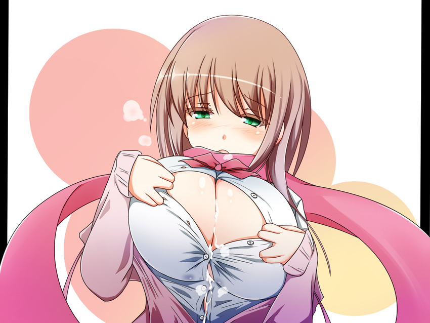 after_paizuri bad_id bad_pixiv_id blush breasts brown_hair cardigan cleavage cum cum_on_body cum_on_breasts cum_on_upper_body green_eyes large_breasts liquid long_hair matsumi_yuu open_mouth outside_border pillarboxed saki saki_achiga-hen scarf solo tenpesuto unbuttoned upper_body