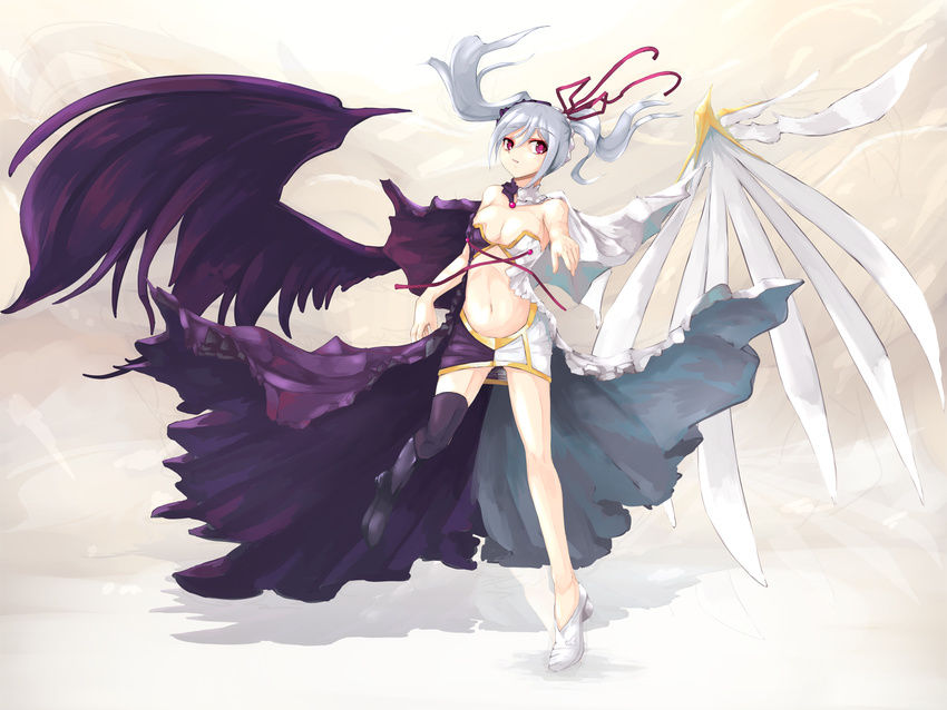 angel_wings asymmetrical_wings bare_shoulders boots breasts dacho demon_wings highres idolmaster idolmaster_cinderella_girls kanzaki_ranko large_breasts long_hair navel red_eyes silver_hair solo thigh_boots thighhighs twintails wings