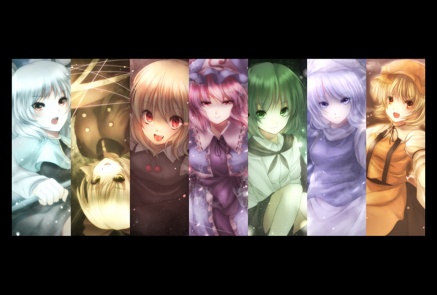 aki_minoriko animal_ears bad_id bad_pixiv_id blonde_hair breasts cape capelet column_lineup frills green_eyes green_hair hat highres kotonoman kurodani_yamame letty_whiterock long_sleeves looking_at_viewer medium_breasts mouse_ears multiple_girls nazrin open_mouth orange_eyes petals pink_eyes pink_hair purple_eyes purple_hair red_eyes rumia saigyouji_yuyuko saliva short_hair smile stage_connection string touhou triangular_headpiece wriggle_nightbug