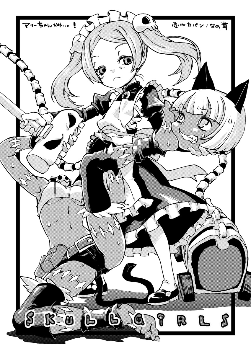 :&lt; animal_ears apron bare_shoulders belt bloody_marie_(skullgirls) bone breasts cat_ears cat_tail copyright_name dark_skin dress english fingerless_gloves footwear frown gloves grimace hair_ornament highres holding long_hair looking_down maid maid_apron maid_headdress midriff monochrome ms._fortune_(skullgirls) multiple_girls nadia_fortune nametake navel ribcage ribs severed_head simple_background skull skull_hair_ornament skullgirls sleeveless socks standing sweat tail title_drop twintails underboob vacuum vacuum_cleaner white_background white_hair wince