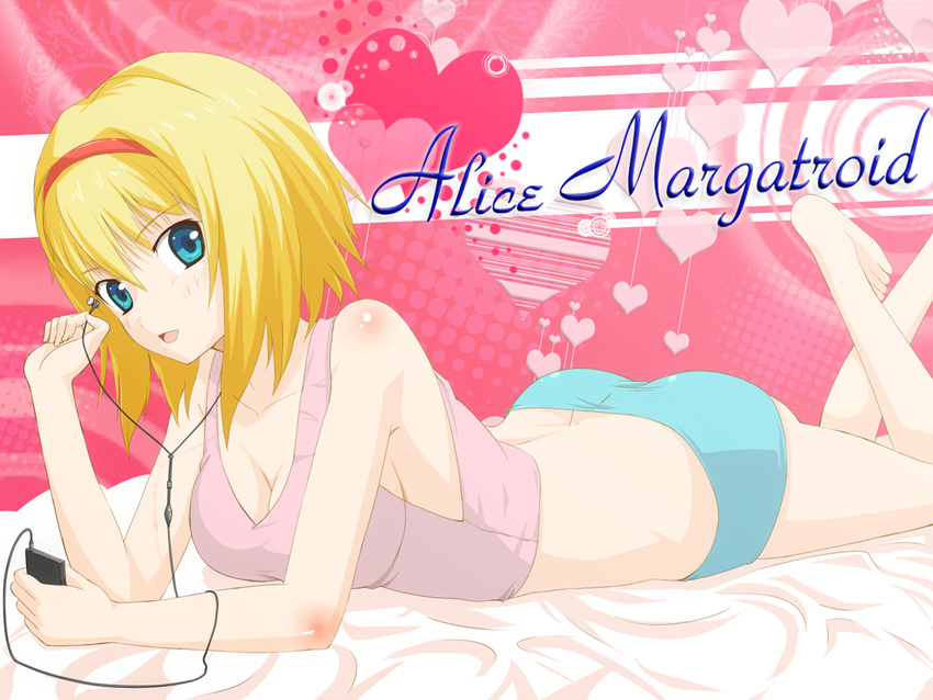 alice_margatroid bare_shoulders barefoot blonde_hair blue_eyes breasts bug_(artist) character_name cleavage digital_media_player hairband headphones heart lying medium_breasts on_bed on_stomach solo touhou underwear