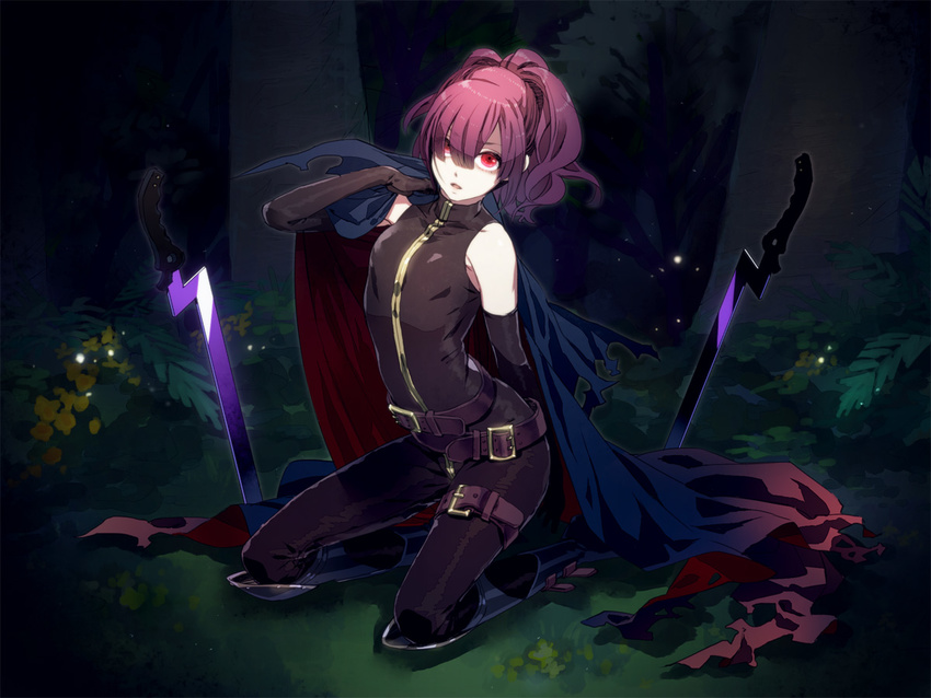 belt bodysuit cape flat_chest gloves kneeling makita night_seeker_(sekaiju) purple_eyes red_eyes sekaiju_no_meikyuu sekaiju_no_meikyuu_4 sword weapon