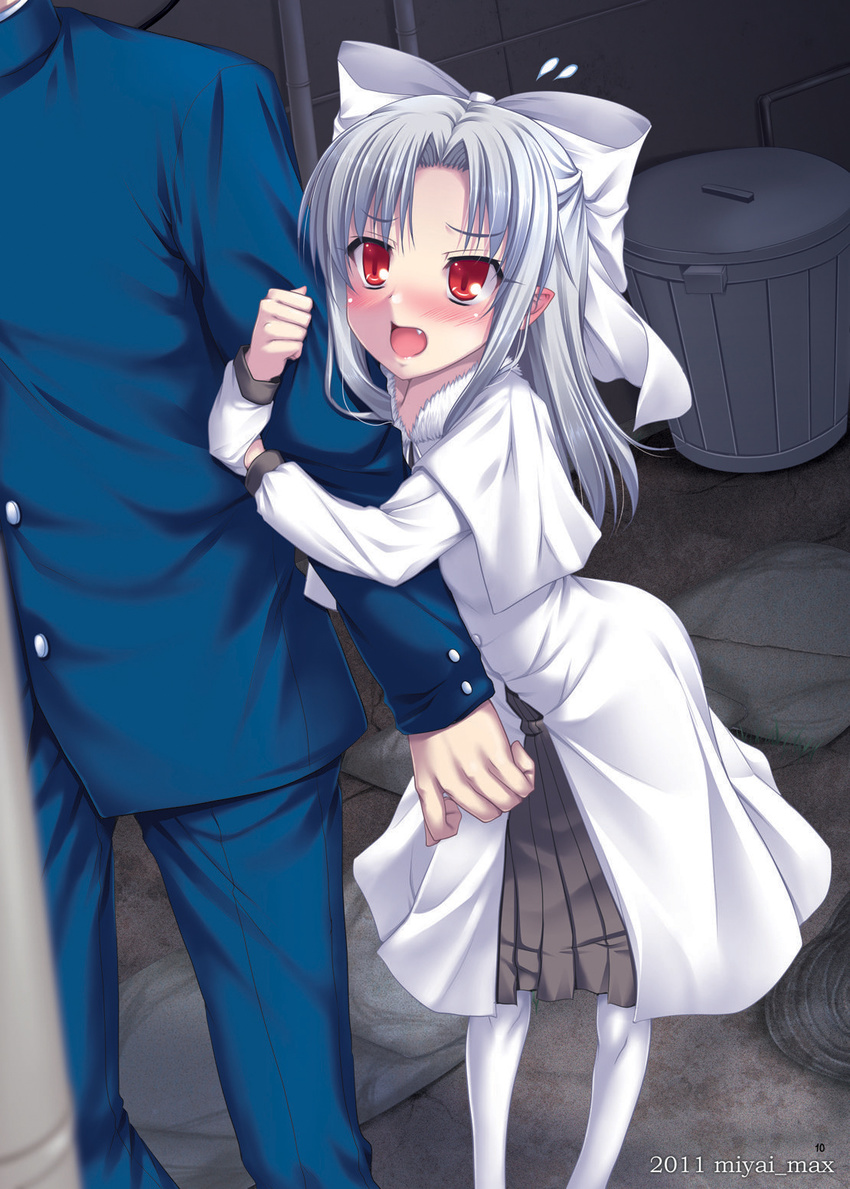 2011 arm_grab artist_name blush bow capelet dress fang flying_sweatdrops hair_bow half_updo highres large_bow long_hair melty_blood miyai_sen nanaya_shiki open_mouth pantyhose pointy_ears red_eyes silver_hair trash_can tsukihime white_dress white_legwear white_len