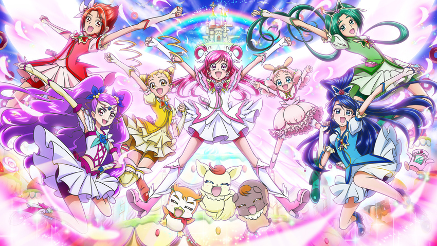 akimoto_komachi arm_up bike_shorts blonde_hair blue_eyes blue_hair boots brooch bubble_skirt butterfly_hair_ornament castle chocola_(precure_5) coco_(yes!_precure_5) cure_aqua cure_dream cure_lemonade cure_mint cure_rouge double_bun drill_hair fingerless_gloves flower frills gensou_(mopoepei) gloves green_eyes green_hair green_shorts hair_ornament hair_rings highres jewelry kasugano_urara_(yes!_precure_5) long_hair magical_girl merupo_(precure_5) milk_(yes!_precure_5) milky_rose mimino_kurumi minazuki_karen multiple_girls natsuki_rin nuts_(yes!_precure_5) pink_eyes pink_flower pink_hair pink_rose ponytail precure purple_hair purple_shorts rainbow red_eyes red_hair rose shining_dream shoes short_hair shorts shorts_under_skirt skirt smile spiked_hair syrup_(yes!_precure_5) thighhighs twin_drills twintails two_side_up wide_ponytail yellow_eyes yellow_legwear yellow_skirt yes!_precure_5 yes!_precure_5_gogo! yumehara_nozomi