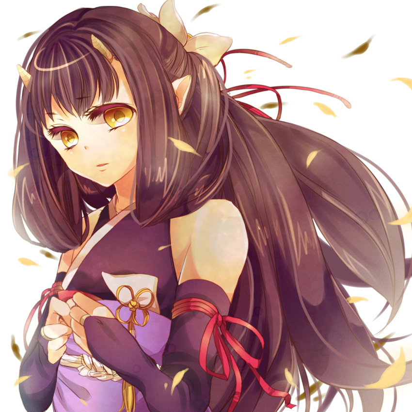 1girl alfa_system bare_shoulders black_hair detached_sleeves flower highres horns japanese_clothes long_hair pointy_ears sakuya_(tales_of_innocence) tales_of_(series) tales_of_innocence yellow_eyes