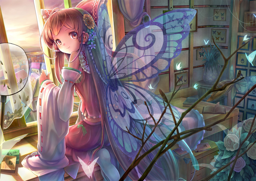 bad_id bad_pixiv_id bare_shoulders brown_hair bug building butterfly butterfly_net butterfly_wings detached_sleeves flower hair_flower hair_ornament hair_tubes hakurei_reimu hand_net highres insect kneeling long_hair looking_at_viewer plant potted_plant red_eyes sanntouhei solo touhou wings