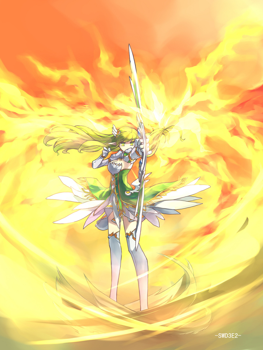 artist_name bad_id bad_pixiv_id boots bow_(weapon) dress elsword gloves grand_archer_(elsword) green_eyes green_hair highres long_hair orange_background pointy_ears rena_(elsword) serious solo swd3e2 thigh_boots thighhighs weapon white_gloves white_legwear zettai_ryouiki
