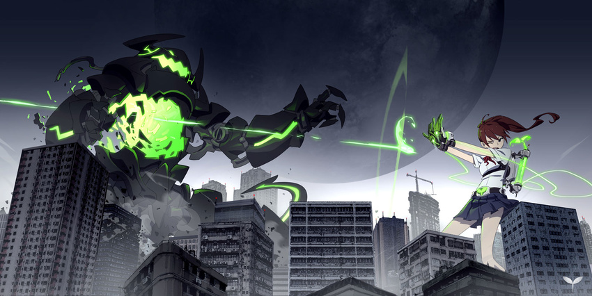 battle belt brown_hair building city destruction duel full_moon giantess gloves highres horns long_hair monster moon open_mouth original outstretched_arms pleated_skirt ponytail skirt wayjilam wince