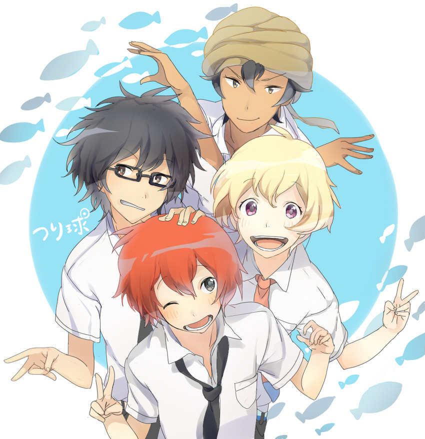 akira_agarkar_yamada black_hair blonde_hair crossed_arms danchi_(pomechize) fish glasses grin haru_(tsuritama) highres male_focus multiple_boys necktie one_eye_closed open_mouth red_hair sanada_yuki school_uniform short_hair smile tsuritama turban usami_natsuki