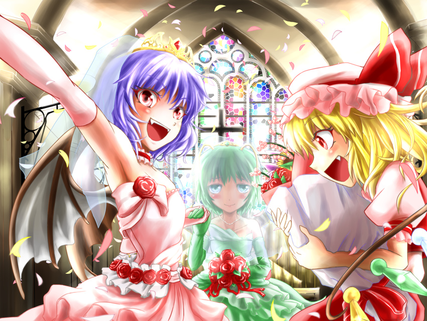 alternate_costume antennae armpits bare_shoulders bat_wings blonde_hair blush bouquet bridesmaid choker church commentary_request cross crystal dress elbow_gloves fang fangs flandre_scarlet flower frills gloves green_dress green_eyes green_hair green_wedding_dress hat highres holding_hands multiple_girls open_mouth petals pink_dress pink_wedding_dress purple_hair red_eyes remilia_scarlet rose short_hair short_sleeves siblings sisters smile stained_glass tamasan tiara touhou veil wedding wedding_dress wings wriggle_nightbug
