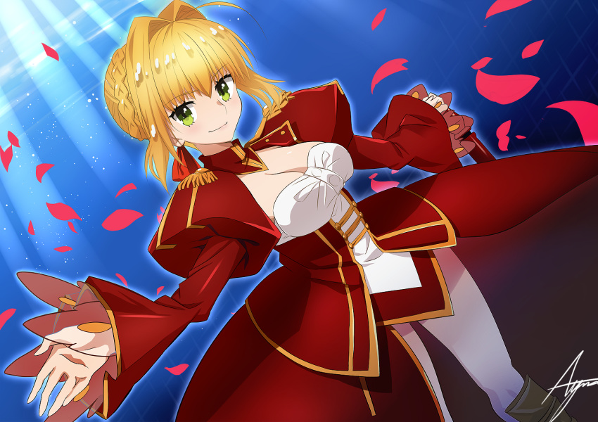 &gt;:) 1girl aestus_estus ahoge ashiwara_yuu bangs blonde_hair braid breasts cleavage closed_mouth dress dutch_angle epaulettes eyebrows_visible_through_hair fate/extra fate_(series) green_eyes hair_between_eyes hair_bun hair_intakes hand_on_hilt juliet_sleeves long_sleeves medium_breasts nero_claudius_(fate) nero_claudius_(fate)_(all) petals puffy_sleeves red_dress see-through sidelocks signature sleeves_past_wrists smile solo v-shaped_eyebrows wide_sleeves