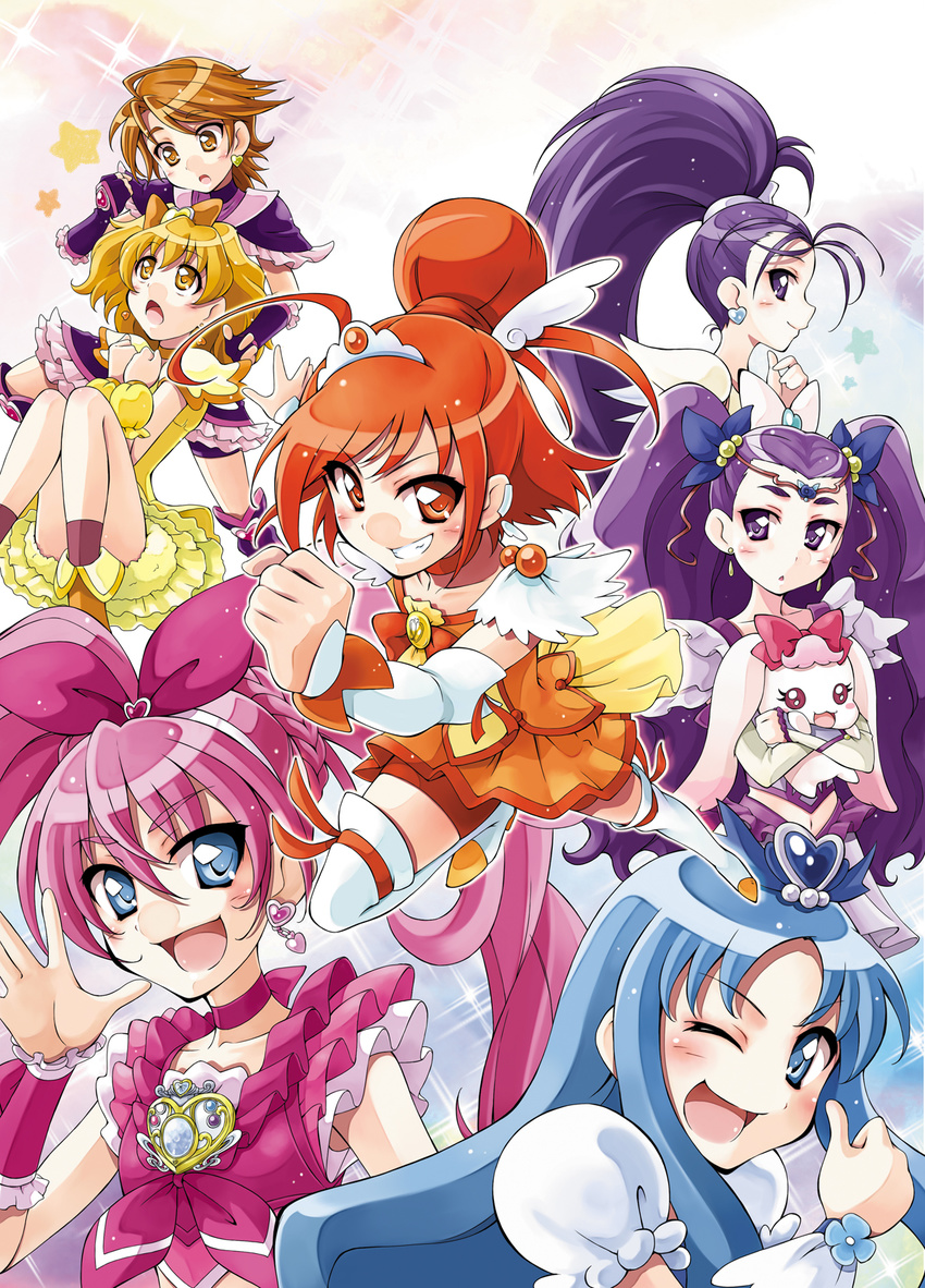 ;d bike_shorts blue_eyes blue_hair blush boots bow bowtie brooch brown_hair choker creature cure_black cure_egret cure_marine cure_melody cure_pine cure_sunny dual_persona earrings fresh_precure! frills futari_wa_precure futari_wa_precure_splash_star grin hair_bun hair_ornament hairpin heart heartcatch_precure! highres hino_akane_(smile_precure!) houjou_hibiki jewelry kurumi_erika long_hair magical_girl milk_(yes!_precure_5) milky_rose mimino_kurumi mishou_mai misumi_nagisa multiple_girls one_eye_closed open_mouth orange_choker orange_eyes orange_hair orange_neckwear orange_skirt pink_bow pink_choker pink_hair pink_neckwear ponytail precure puffy_sleeves purple_eyes purple_hair red_shorts satogo short_hair shorts shorts_under_skirt skirt smile smile_precure! suite_precure thigh_boots thighhighs thumbs_up twintails two_side_up white_legwear wrist_cuffs yamabuki_inori yellow_eyes yes!_precure_5 yes!_precure_5_gogo!