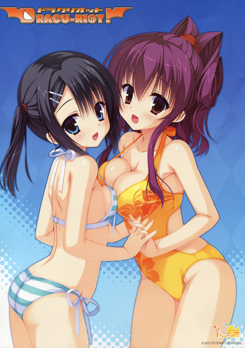 :d absurdres ass asymmetrical_docking bikini black_hair blue_background blue_eyes blush breast_press breasts brown_eyes casual_one-piece_swimsuit cleavage cowboy_shot dracu-riot! hair_ornament hairclip highres inamura_rio kobuichi looking_at_viewer medium_breasts mera_azusa multiple_girls muririn one-piece_swimsuit open_mouth ponytail purple_hair side-tie_bikini simple_background small_breasts smile strap_gap striped striped_bikini striped_swimsuit swimsuit