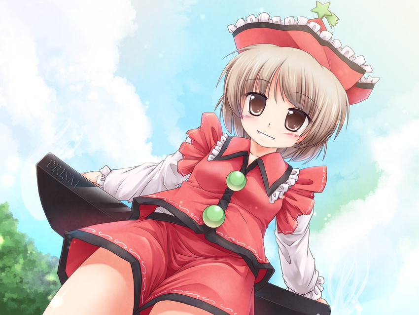 blush brown_eyes brown_hair cloud day hat highres instrument keyboard_(instrument) long_sleeves lyrica_prismriver lzh shooting_star short_hair shorts sky smile solo star touhou