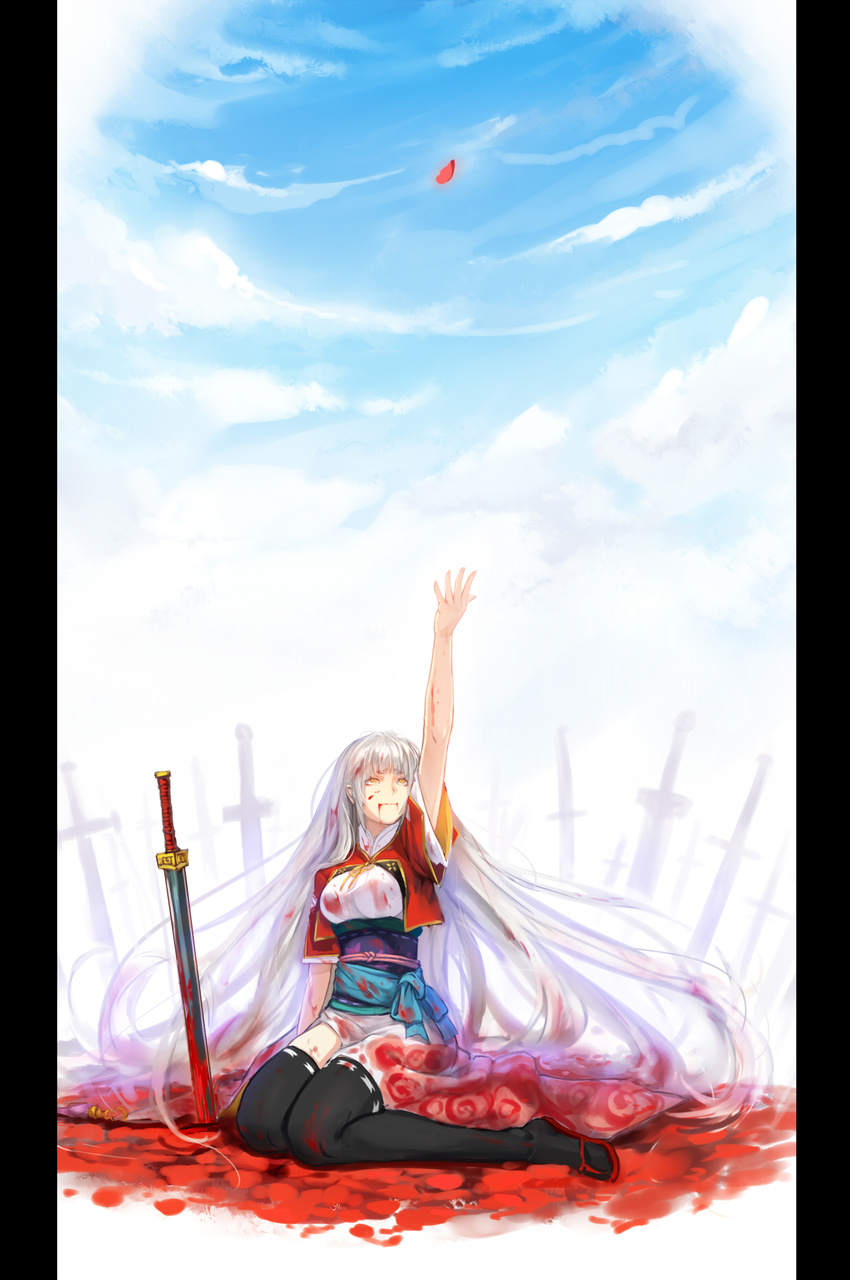 arm_up blood cloud field_of_blades highres long_hair outstretched_hand pixiv_fantasia pixiv_fantasia_sword_regalia planted_sword planted_weapon ryuuzaki_ichi silver_hair sitting sky solo sword thighhighs very_long_hair weapon yellow_eyes