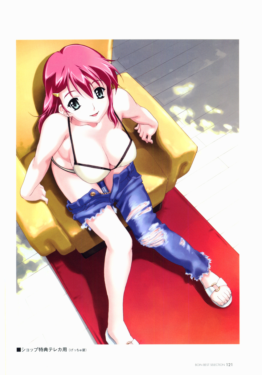 absurdres artbook asymmetrical_clothes bikini boin breasts chair cleavage denim easy_chair from_above green_eyes hair_ornament hairclip happoubi_jin highres huge_breasts iihara_nao long_hair looking_at_viewer pink_hair solo strap_gap swimsuit