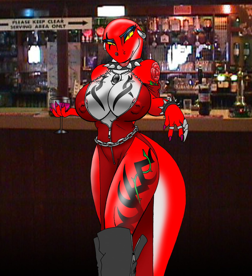 alcohol bar beverage big_breasts boots breasts claws cleavage clothed clothing collar deinonychus dinosaur female fossil hi_res necklace nipples raptor red red_body scalie solo tattoo thorne wine