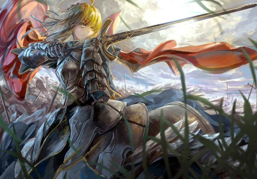 adapted_costume ahoge archlich armor armored_dress artoria_pendragon_(all) blonde_hair breastplate caliburn cloud cloudy_sky fate/stay_night fate_(series) faulds flag gauntlets grass green_eyes hair_ribbon planted_sword planted_weapon polearm ribbon saber serious shield short_hair signature sky solo sword war weapon