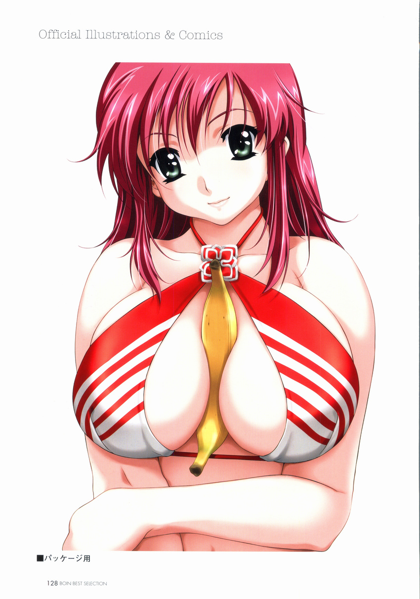 absurdres artbook banana between_breasts bikini_top boin breasts food fruit green_eyes hair_ornament hairclip happoubi_jin highres huge_breasts iihara_nao long_hair looking_at_viewer pink_hair sexually_suggestive solo striped swimsuit