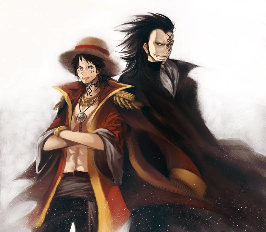 2boys abs age_difference back-to-back back_to_back black_hair black_pants crossed_arms family father father_and_son hat jacket jewelry long_coat long_hair male male_focus monkey_d_dragon monkey_d_luffy multiple_boys muscle necklace one_piece open_clothes open_shirt pants red_jacket sash scar shirt son straw_hat tattoo tongue tongue_out wind