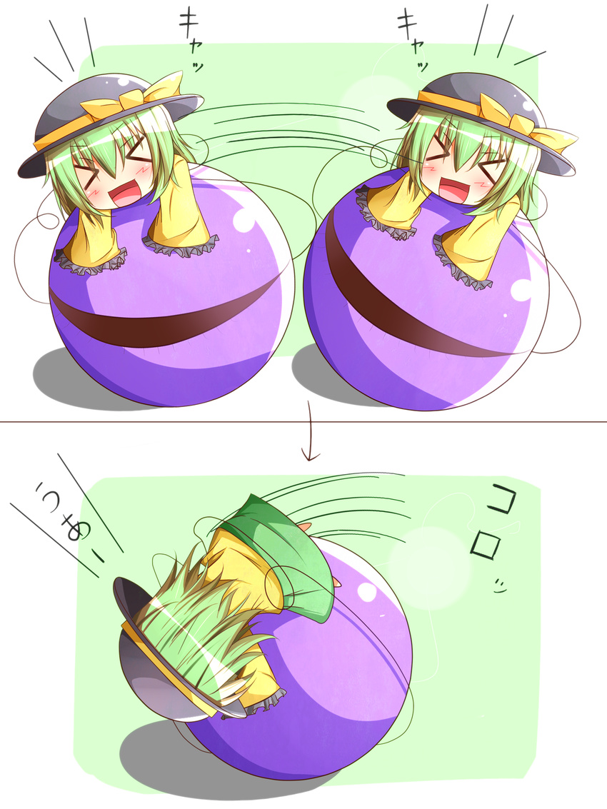 &gt;_&lt; blush chibi closed_eyes green_hair hat hat_ribbon highres komeiji_koishi long_sleeves minigirl open_mouth ribbon rolling shirt skirt smile solo third_eye touhou warabi_mochi_(ehimedaisuki) wide_sleeves