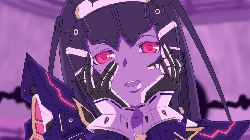 android face hands_on_own_cheeks hands_on_own_face lisa_(pso2) looking_at_viewer mendoiclub parody phantasy_star phantasy_star_online_2 portrait red_eyes solo yandere_trance