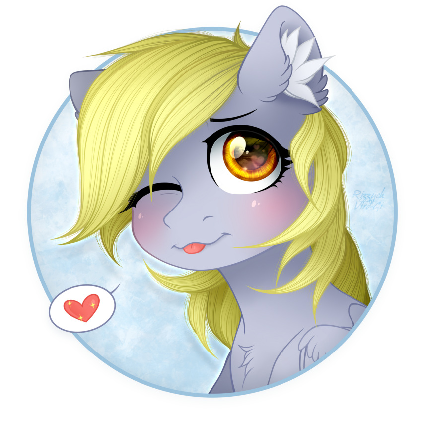 &lt;3 &lt;3_eyes 2018 alpha_channel amber_eyes big_eyes blep blonde_hair blue_background blush bust_portrait chest_tuft collaboration cute derpy_hooves_(mlp) equine eyebrows eyelashes female feral friendship_is_magic fur hair hi_res inner_ear_fluff looking_at_viewer mammal my_little_pony one_eye_closed pegasus pictographics portrait rizzych signature simple_background smile solo tongue tongue_out tuft vird-gi wings wink