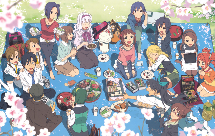 6+girls akizuki_ritsuko amami_haruka animal bag barefoot black_hair blue_eyes brown_eyes brown_hair cherry_blossoms everyone futami_ami futami_mami ganaha_hibiki glasses hagiwara_yukiho hamster hamuzou highres hoshii_miki idolmaster idolmaster_(classic) japanese_clothes kikuchi_makoto kimono kisaragi_chihaya long_hair minase_iori miura_azusa multiple_boys multiple_girls necktie nishigori_atsushi official_art otonashi_kotori pantyhose petals picnic producer_(idolmaster_anime) shijou_takane short_hair sleeves_pushed_up striped striped_neckwear takagi_junjirou takatsuki_yayoi thighhighs