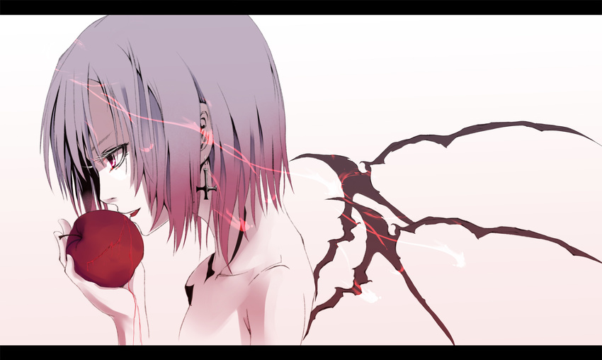 apple canae0 collarbone cross earrings eating food fruit highres jewelry juice nude purple_hair red_eyes remilia_scarlet short_hair simple_background solo touhou