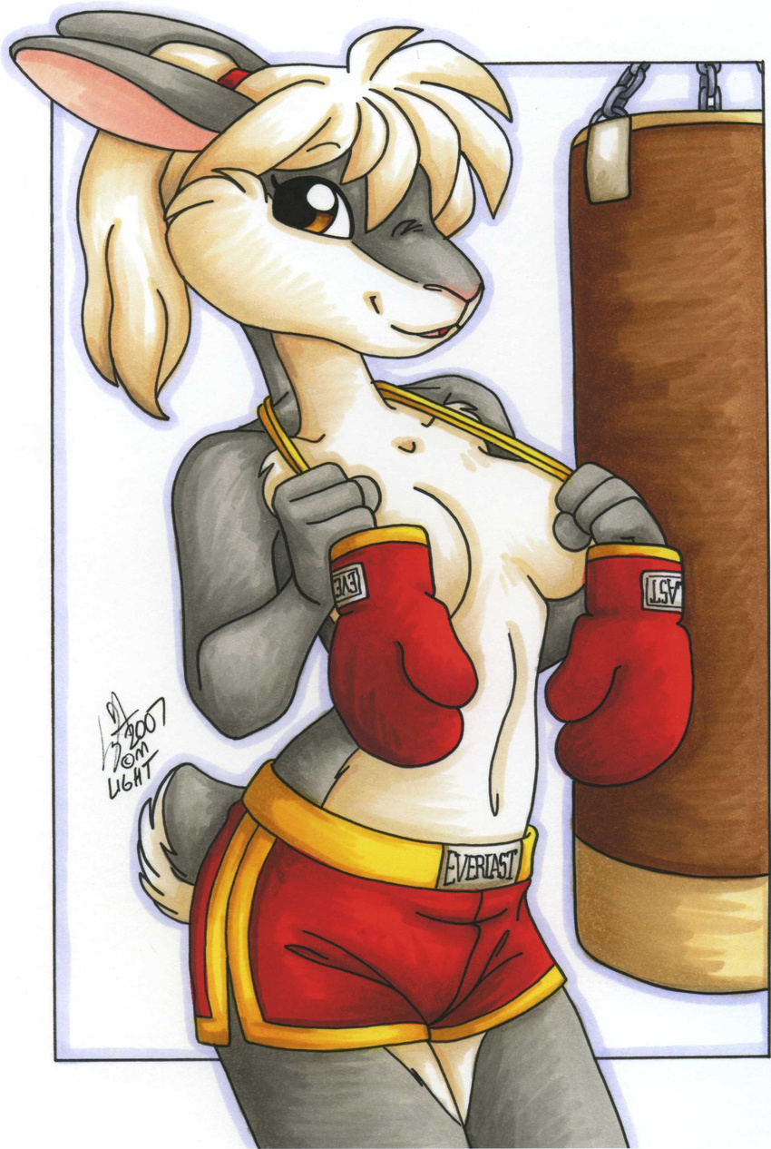 athlete boxer boxing boxing_gloves brown_eyes clothed clothing female half-dressed lagomorph looking_at_viewer mammal michele_light rabbit skimpy solo topless