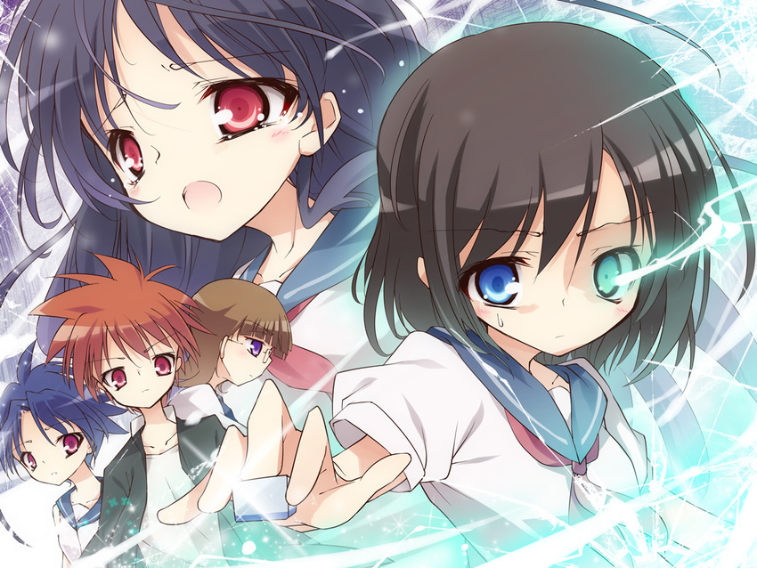 bad_id bad_pixiv_id blue_eyes blue_hair brown_hair eguchi_sera electricity funakubo_hiroko glasses glowing glowing_eye heterochromia itsutsuki long_hair mahjong mahjong_tile multiple_girls nijou_izumi onjouji_toki red_eyes saki saki_achiga-hen senriyama_school_uniform shimizudani_ryuuka short_hair tears