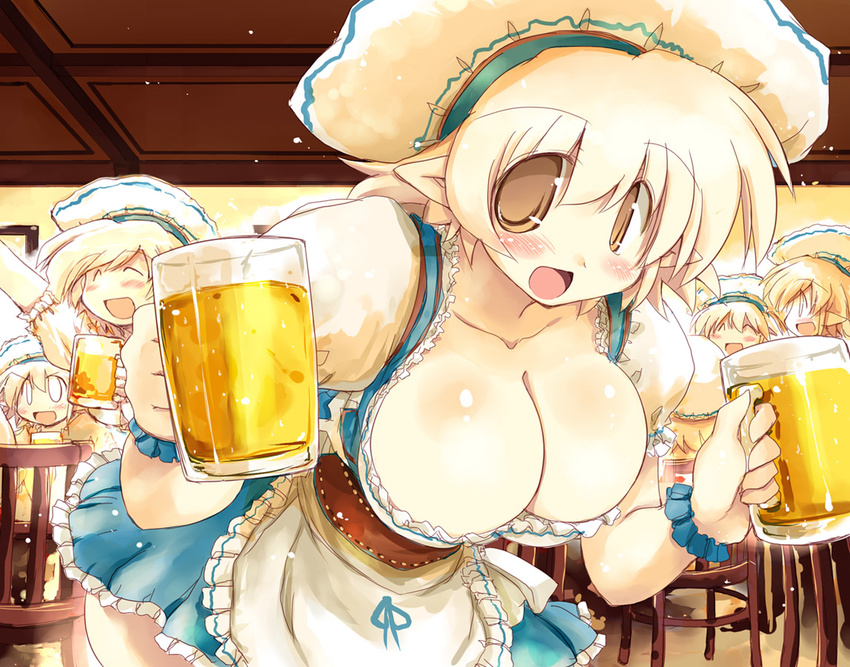 alcohol apron beer bent_over blonde_hair breasts brown_eyes cleavage dirndl drunk elf german_clothes hat large_breasts multiple_girls open_mouth original pointy_ears sakaki_(noi-gren) short_hair skirt solo_focus standing waitress