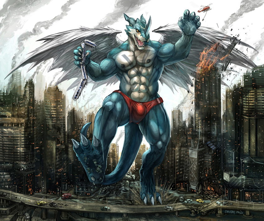 aircraft anthro biceps body_markings bulge cheetahpaws city digimon dragon exveemon fire helicopter macro male markings muscles paws pecs pose solo speedo stomping swimsuit train underwear wings