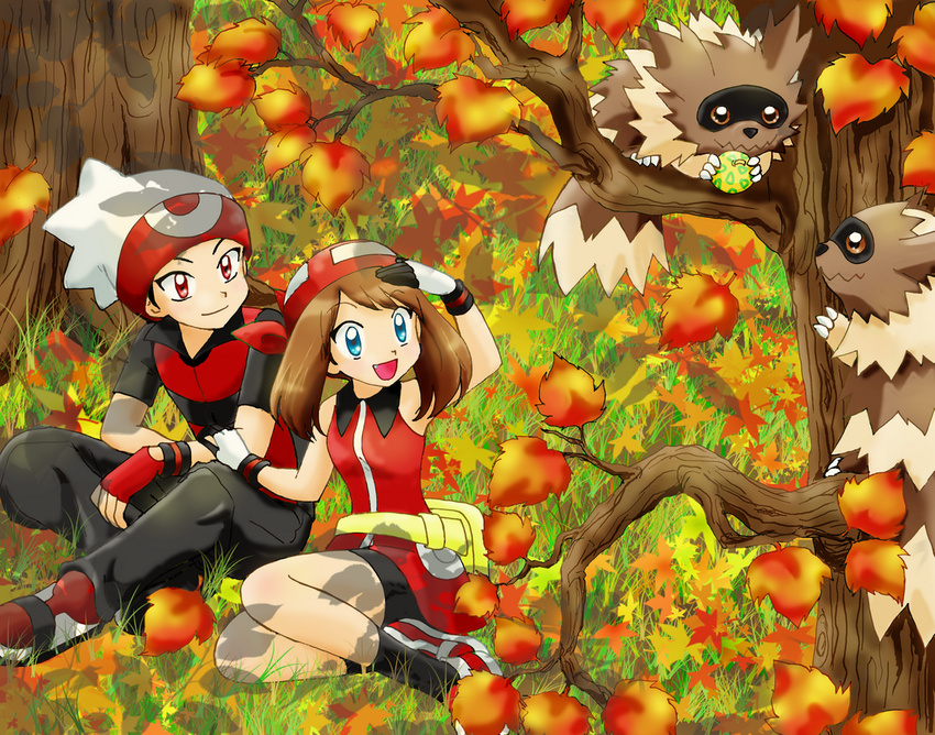 1girl :d aspear_berry autumn berries blue_eyes brown_hair chikorita85 couple creature fang gen_3_pokemon grass hat hetero leaf nature odamaki_sapphire open_mouth pokemon pokemon_(creature) pokemon_special red_eyes ruby_(pokemon) sitting smile tree zigzagoon