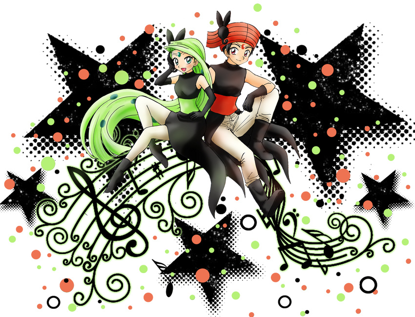 1girl alternate_form bare_shoulders bass_clef beamed_eighth_notes black_hair chikorita85 elbow_gloves flat_sign gen_5_pokemon gloves green_eyes green_hair legendary_pokemon long_hair meloetta musical_note natural_sign personification pokemon red_eyes sharp_sign sixteenth_note staff_(music) transparent_background treble_clef very_long_hair