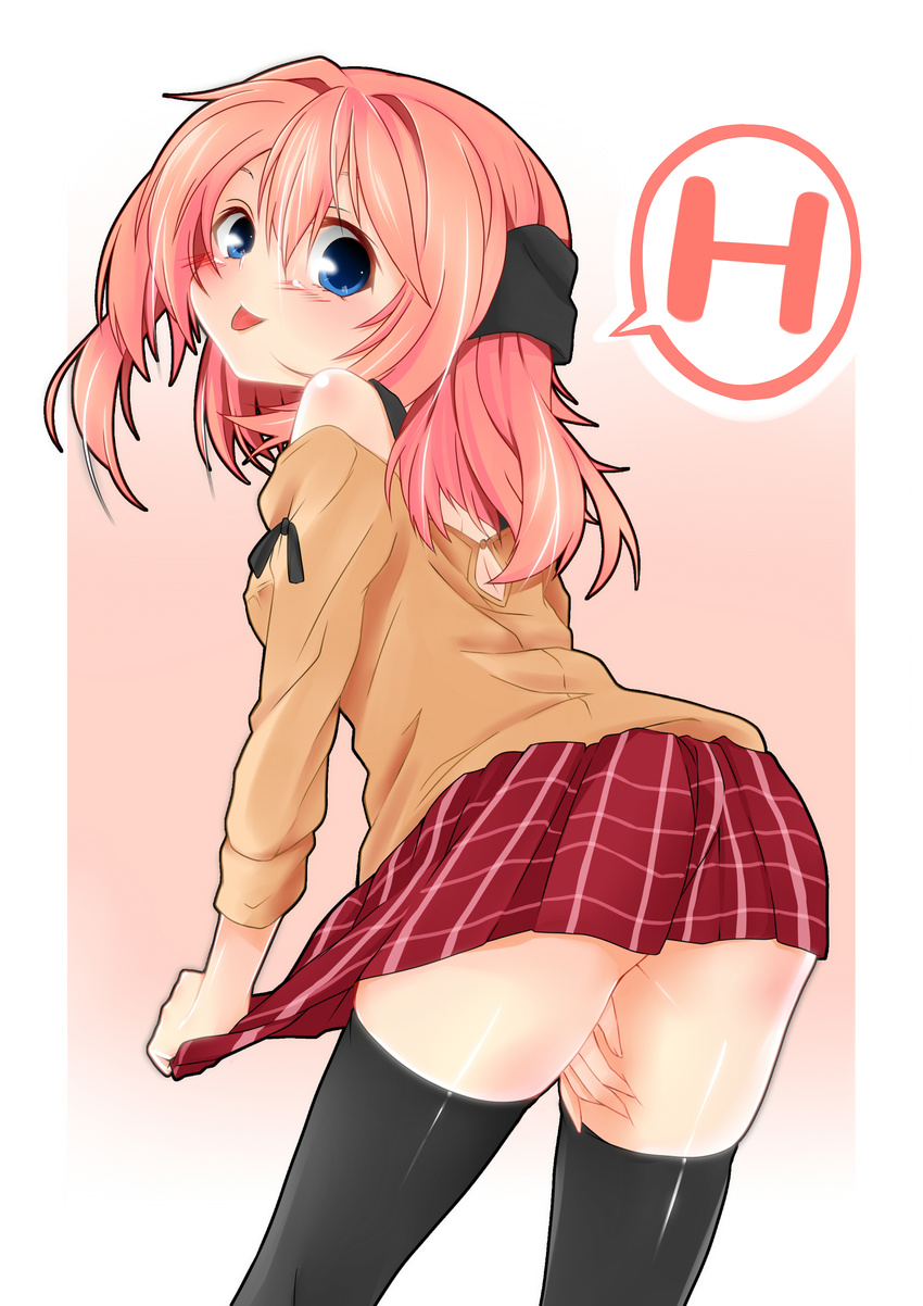 absurdres bare_shoulders black_legwear blue_eyes blush dodome-iro_mayonnaise h highres original pink_hair skirt solo speech_bubble thighhighs tongue tongue_out