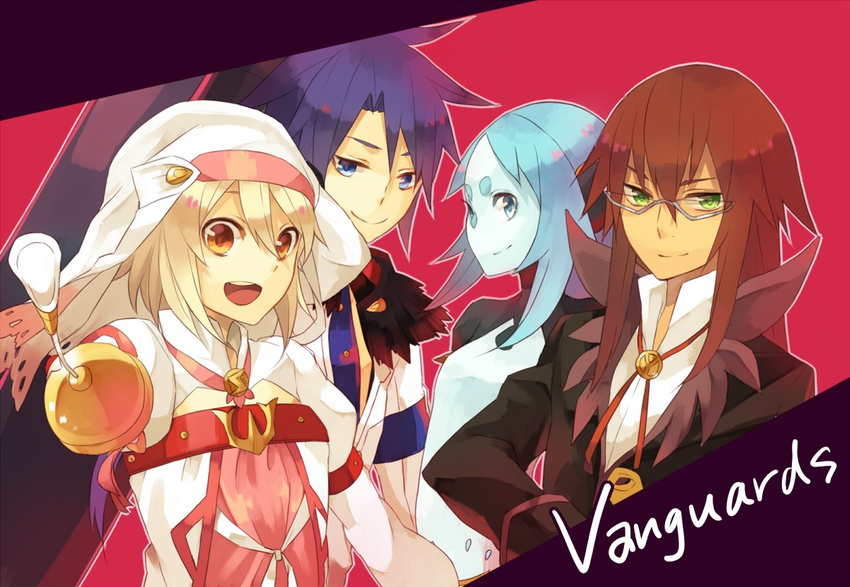 2boys 2girls alice_(tales) alice_(tales_of_symphonia_kor) aqua_(tales_of_symphonia) blonde_hair blue_eyes blue_hair breasts brown_eyes coat decus fur glasses green_eyes hat long_hair multiple_boys multiple_girls open_mouth pink_background red_hair richter_abend short_hair smile sword tales_of_(series) tales_of_symphonia tales_of_symphonia_knight_of_ratatosk weapon