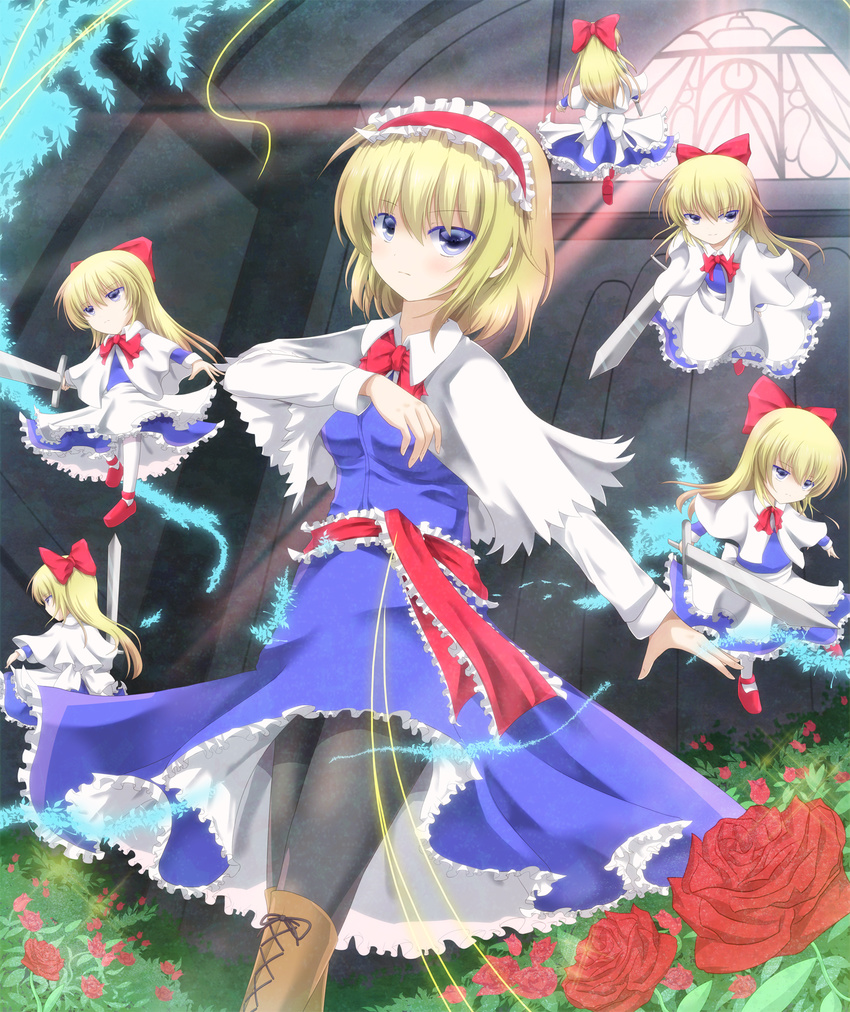 aibumi alice_margatroid bad_id bad_pixiv_id blonde_hair blue_eyes boots bow capelet doll flower frills hairband highres pantyhose rose sash shanghai_doll short_hair solo string sunlight sword touhou weapon window