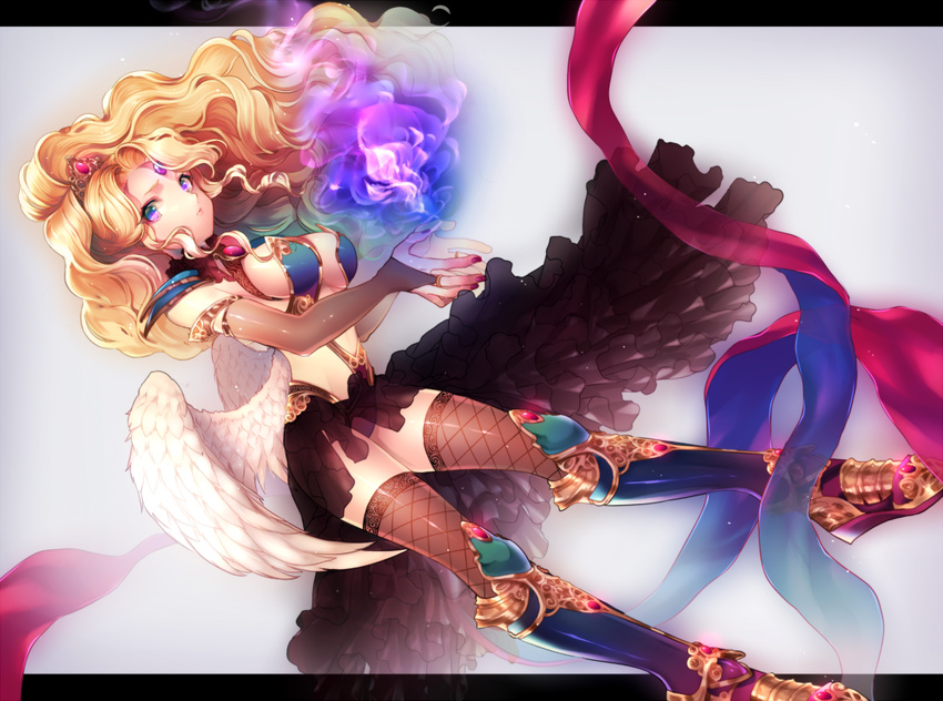 angel_wings black_legwear blonde_hair blue_eyes breasts bridal_gauntlets fire flame forehead_jewel gloves greaves hair_ornament jewelry letterboxed long_hair looking_at_viewer medium_breasts momoshiki_tsubaki multicolored multicolored_eyes nail_polish original purple_eyes purple_fire ribbon shoulder_pads simple_background skirt solo thighhighs tiara white_wings wings