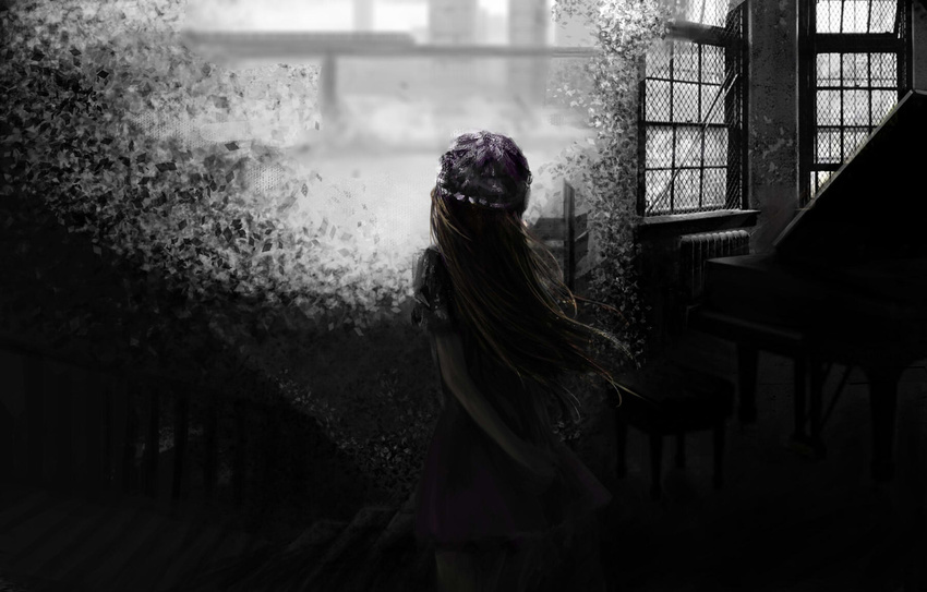 arm_behind_back bad_id bad_pixiv_id bridge disintegration dress from_behind greyscale ground_vehicle hat highres instrument light_brown_hair long_hair maribel_hearn monochrome piano piano_bench purple_dress radiator railing screen shards solo spot_color stairs touhou train water wind window windowsill zoex