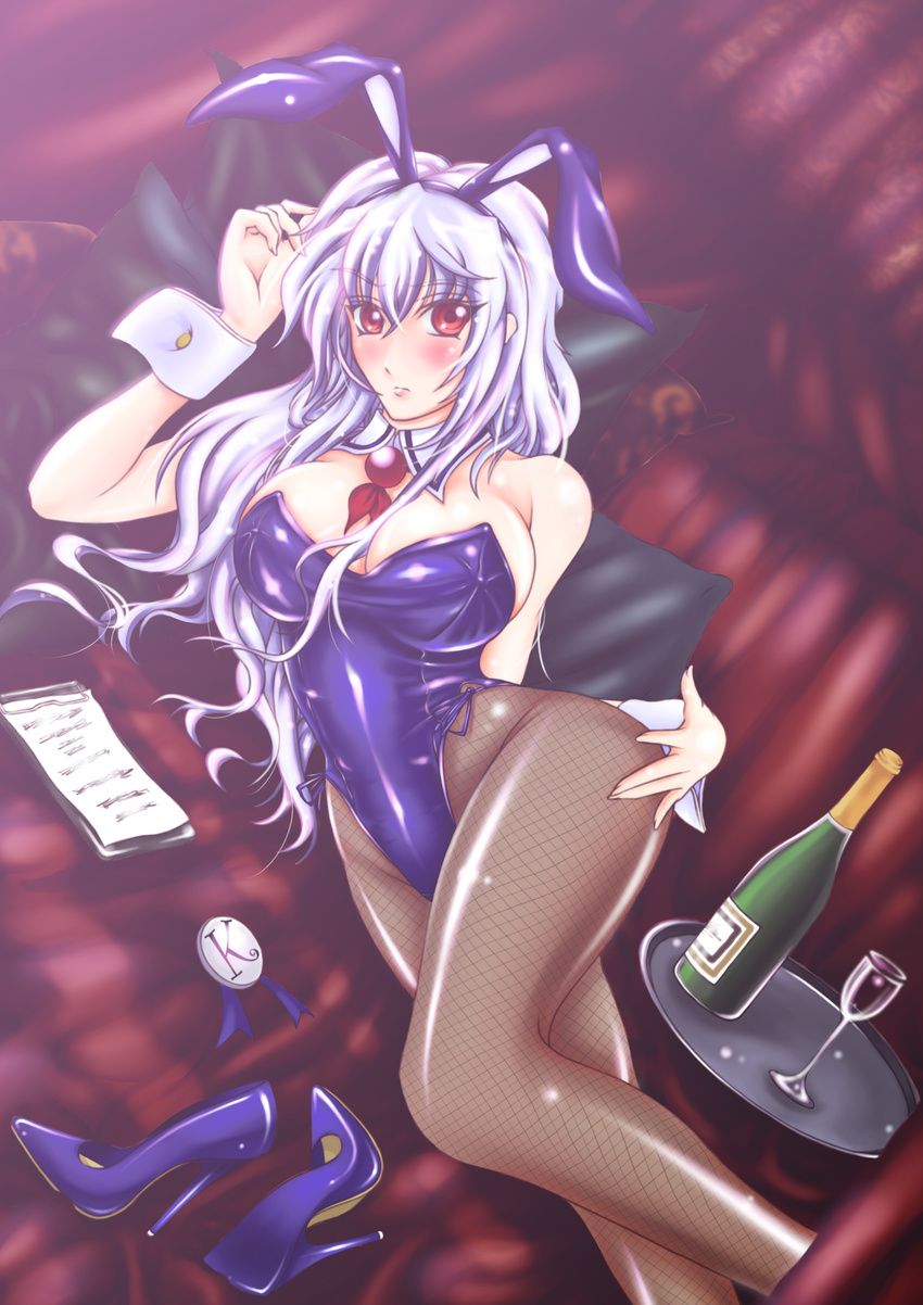 absurdres alcohol animal_ears bad_id bad_pixiv_id bare_shoulders blue_hair bottle bow bowtie breasts brown_legwear bunny_ears bunny_girl bunny_tail bunnysuit cleavage cup detached_collar drinking_glass fake_animal_ears fishnet_pantyhose fishnets high_heels highres huge_breasts kamishirasawa_keine lips long_hair pantyhose pillow red_eyes shoes shoes_removed solo tail touhou tray tushuzhu wine wine_bottle wine_glass wrist_cuffs