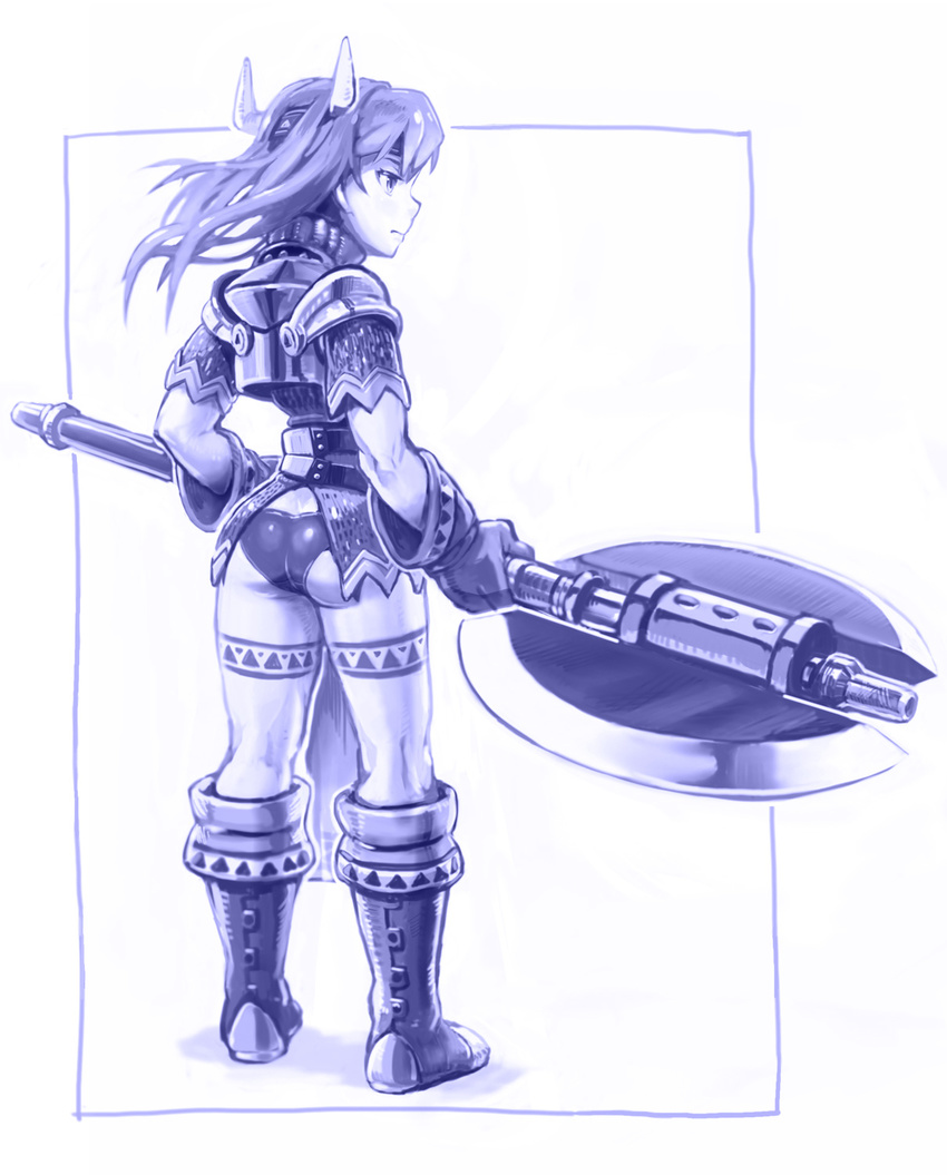 armor ass axe battle_axe blue boots buruma from_behind gloves highres holding horns idolmaster idolmaster_(classic) kisaragi_chihaya knee_boots kousaku long_hair monochrome panties profile solo tattoo thighs underwear weapon